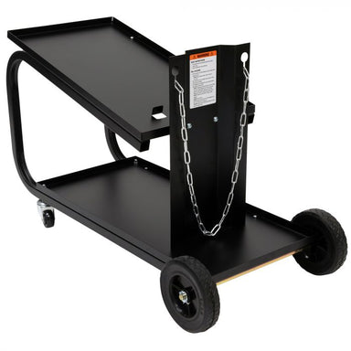 Rear view of the Eastwood welding cart with gas cylinder storage and safety chain.