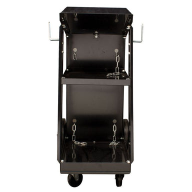 Rear view of the Eastwood welding cart showing storage shelves and gas cylinder support.
