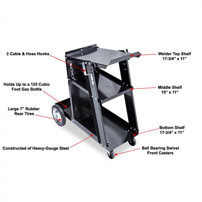 Dimensional diagram of the Eastwood welding cart showing overall measurements and layout.