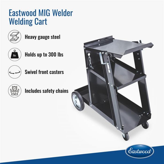 Side profile of the Eastwood steel welding cart with compact four-wheel design.
