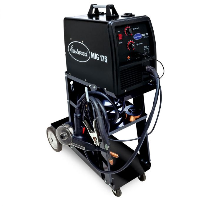 Eastwood welding cart supporting a MIG welder and shielding gas cylinder.