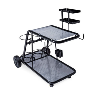 Eastwood professional heavy-duty welding cart with dual shelves, gas bottle storage, TIG rod holder, and removable tool trays.
