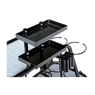 Close-up of removable steel tool trays and integrated TIG filler rod holder on the Eastwood Professional Welding Cart.