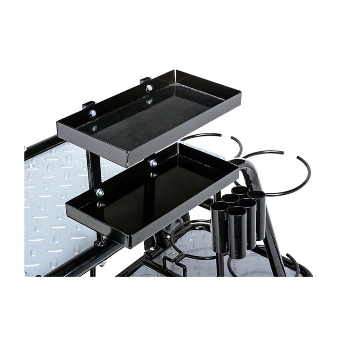 Close-up of removable steel tool trays and integrated TIG filler rod holder on the Eastwood Professional Welding Cart.