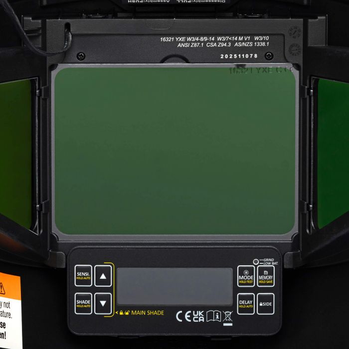 Interior control panel and True Color auto-darkening lens inside the Eastwood Vista-Arc welding helmet.